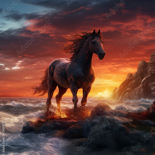 A horse is standing by the sea ai generative photo