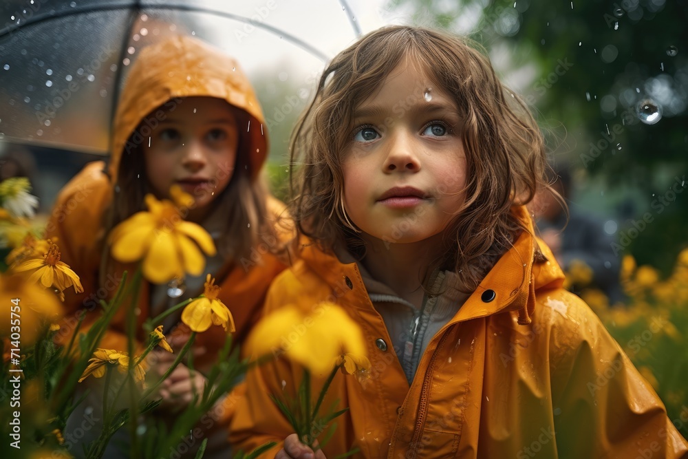 A group of happy children are seen playing in nature, wearing rain boots and waterproof clothing, jumping and splashing in the muddy ground | Exploring Nature with Galoshes and Raincoats A group of happy children are seen playing in nature, wearing rain boots and waterproof clothing, jumping and splashing in the muddy ground | Exploring Nature with Galoshes and Raincoats