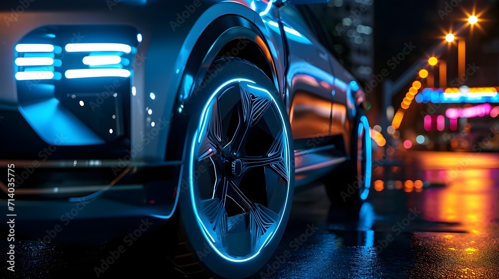 Futuristic Sports Car in a Modern City. future of the automobile industry, car neon backdrop