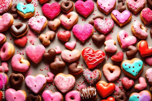 Delicious, colorful, heart shaped valentines day doughnuts or donuts. 