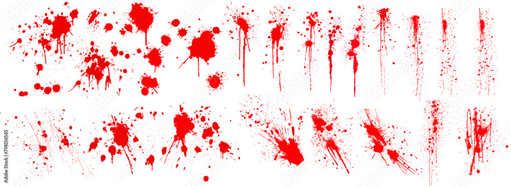 Diverse Blood Splatter Patterns Set for Crime and Horror Design Elements. Dirty collection of paint splatter imitating blood, cut marks, splashes, drops, blots, spray. Isolated on a white backgroud. - obrazy, fototapety, plakaty 
