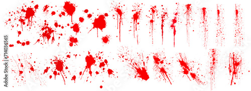 Diverse Blood Splatter Patterns Set for Crime and Horror Design Elements. Dirty collection of paint splatter imitating blood, cut marks, splashes, drops, blots, spray. Isolated on a white backgroud. photo
