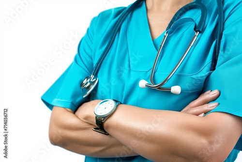 doctor in blue uniform holding a stethoscope in a medical clinic, providing healthcare with compassion and professionalism Smiling female doctor in blue uniform holding a stethoscope 