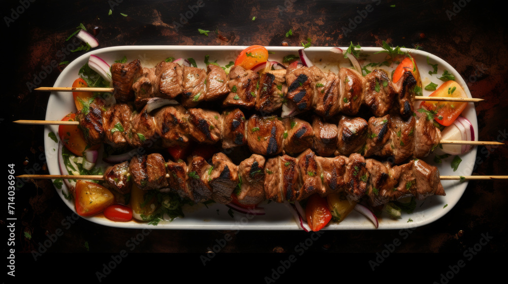 A platter of juicy lamb kebabs, grilled to perfection and served with a side of spicy harissa sauce