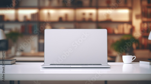 Modern laptop mockup front view, isolated on white background. Vector illustration, background and device screen, Modern white office working space with notebook laptop computer mockup, Generative Ai photo