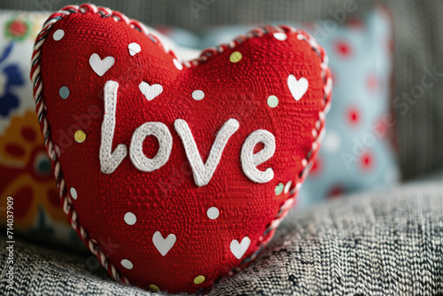 corazón rojo de tejido hecho a mano con ribete de lana y texto love, con desenfocado textil, concepto san valentín