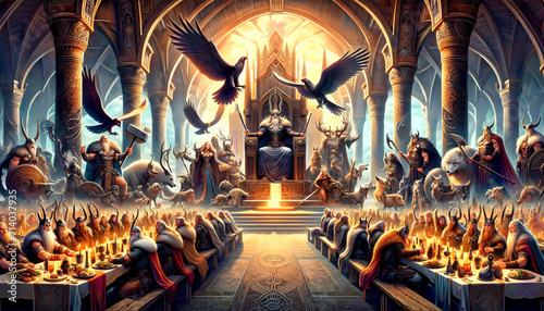 Majestic illustration of the gods in Valhalla, depicting the grand hall and figures of Norse mythology photo