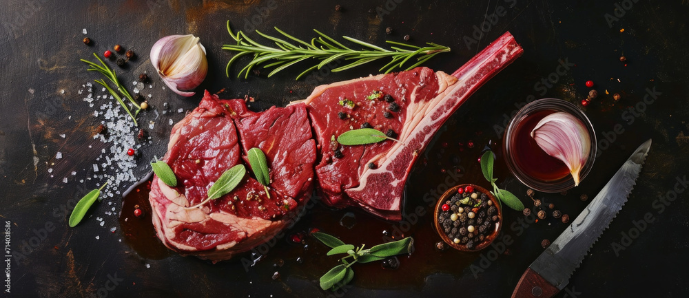 Raw steak ready for the grill, marbled with herbs and spices on a rustic backdrop