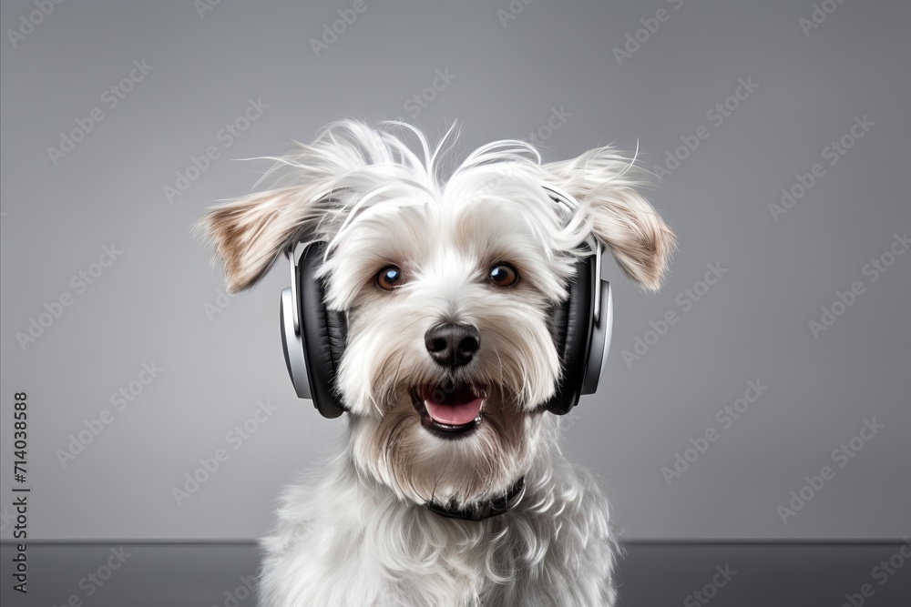 Stylish dog in modern wireless headphones on plain background with space for text Stylish dog in modern wireless headphones on plain background with space for text