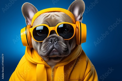 Fashionable dog posing with modern wireless headphones on colorful plain background, space for text © Emvats