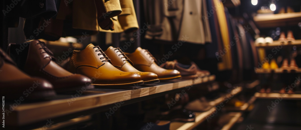 Elegant men's shoes line the shelf, a testament to style and craftsmanship in a boutique setting