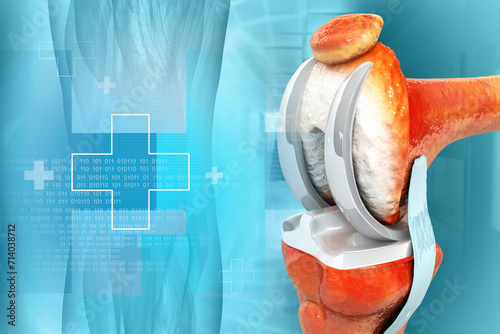 Human knee replacement surgery. Knee joint treatment. Knee injury. 3d illustration photo