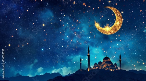 Starry night with glowing Islamic crescent, ramadan concept.