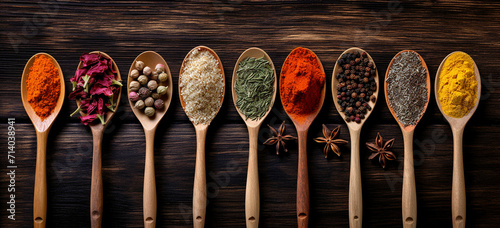 spices in spoons on wooden table