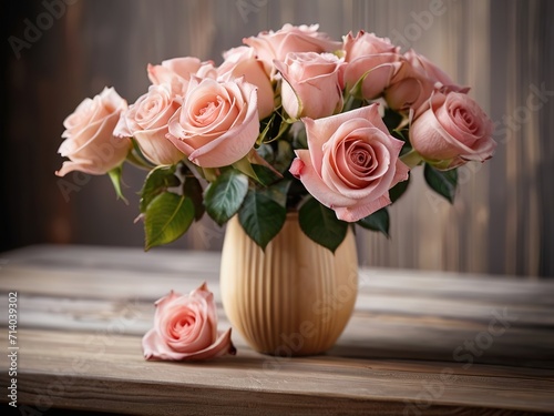 Bouquet of pink roses in a vase on a wooden background