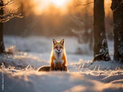 Red fox sitting in the snow at sunset in winter
