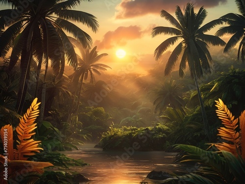 Tropical sunset with palm trees and a river in the jungle