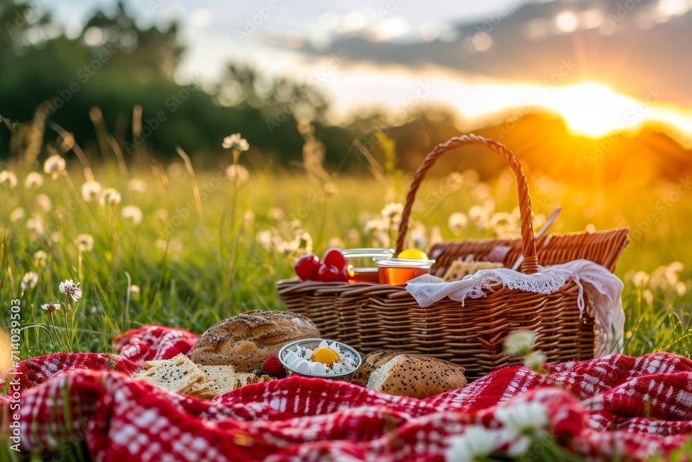 Wicker basket with fruits, cheese, food and drinks on a light blanket on a green lawn park in the sun. Concept of summer vacation with family in nature