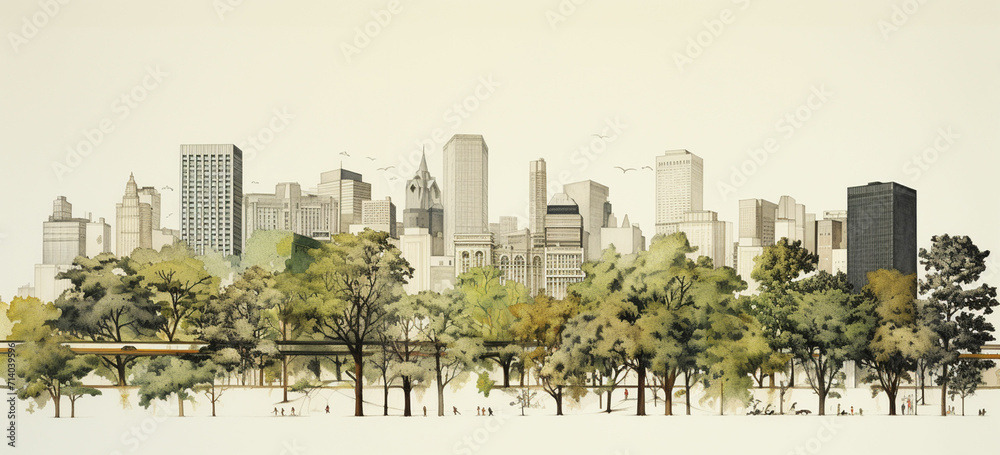 Showcase the outline of trees in a city park, with buildings and cityscape in the background, emphasizing the contrast between nature and urban life - obrazy, fototapety, plakaty 