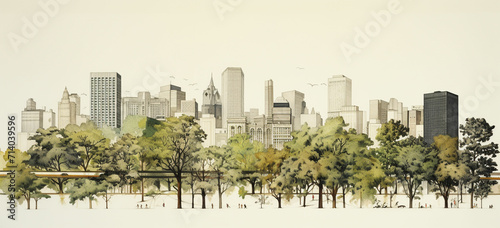 Showcase the outline of trees in a city park, with buildings and cityscape in the background, emphasizing the contrast between nature and urban life photo