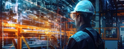 Technology in industrial construction with engineer businessman at work modern factory setting digital equipment safety helmet production building architect communication future automation network