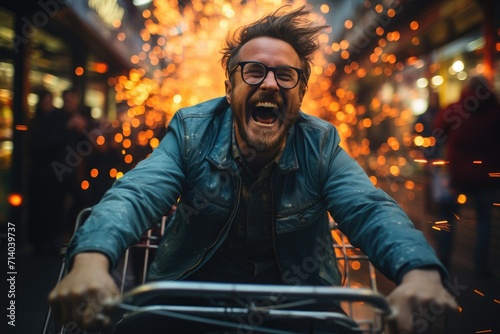 A man, clad in stylish clothing and donning a pair of glasses, joyfully laughs as he rides his bicycle through the darkened streets at night