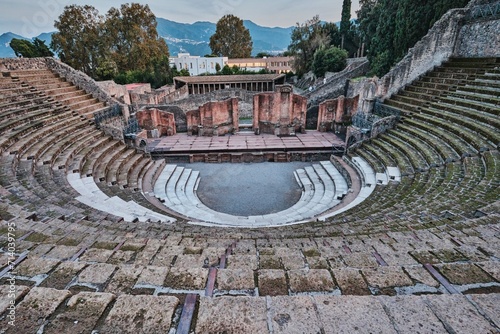 View Of Great Theatre in ruins of Ancient Roman city Pompeii, Campania region, Naples, Italy photo