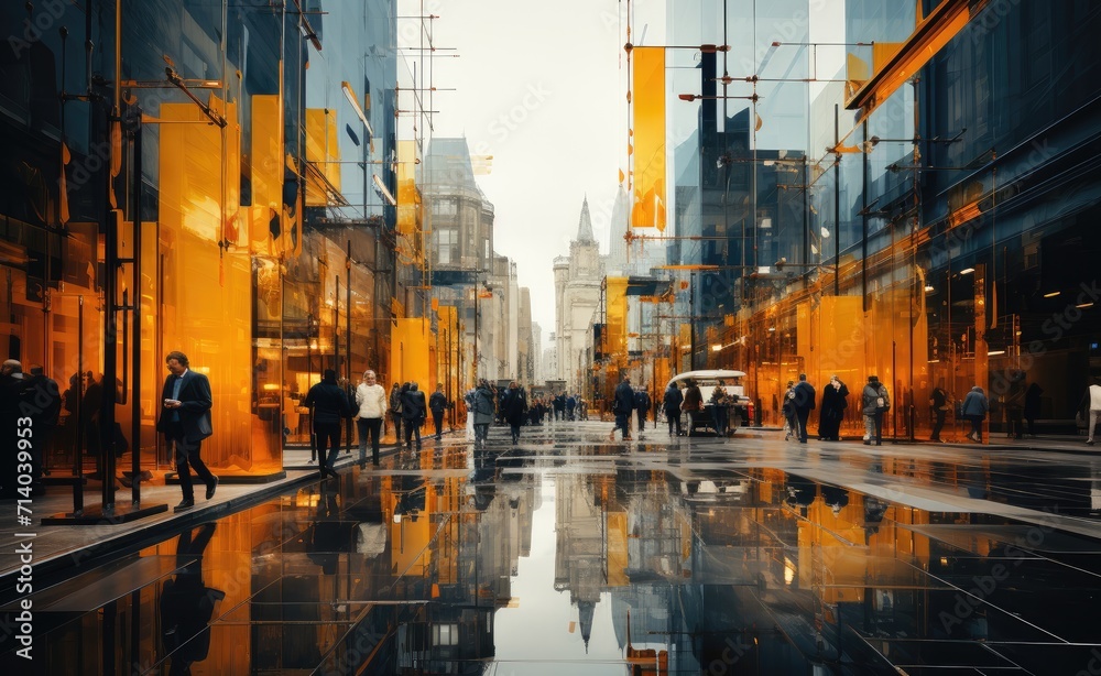 In the midst of a rainy city night, a group of people walk on the glistening streets, their reflections dancing among the towering buildings and darkened sky, their determined steps leading them on a - obrazy, fototapety, plakaty 