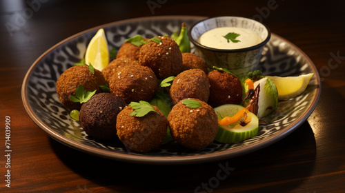 A plate of crispy falafel balls, served with a generous drizzle of tahini sauce and pickled vegetables