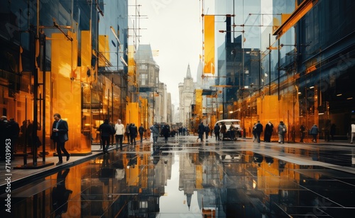 In the midst of a rainy city night, a group of people walk on the glistening streets, their reflections dancing among the towering buildings and darkened sky, their determined steps leading them on a