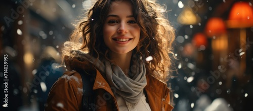 A joyful woman embraces the winter wonderland as snowflakes dance around her, her long brown hair framing her radiant smile while she stands on a snowy street, bundled up in a cozy jacket