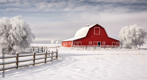 Winter Farm in Idaho with Red Barn and Snowy Landscape - Rural Agriculture Building and Fence