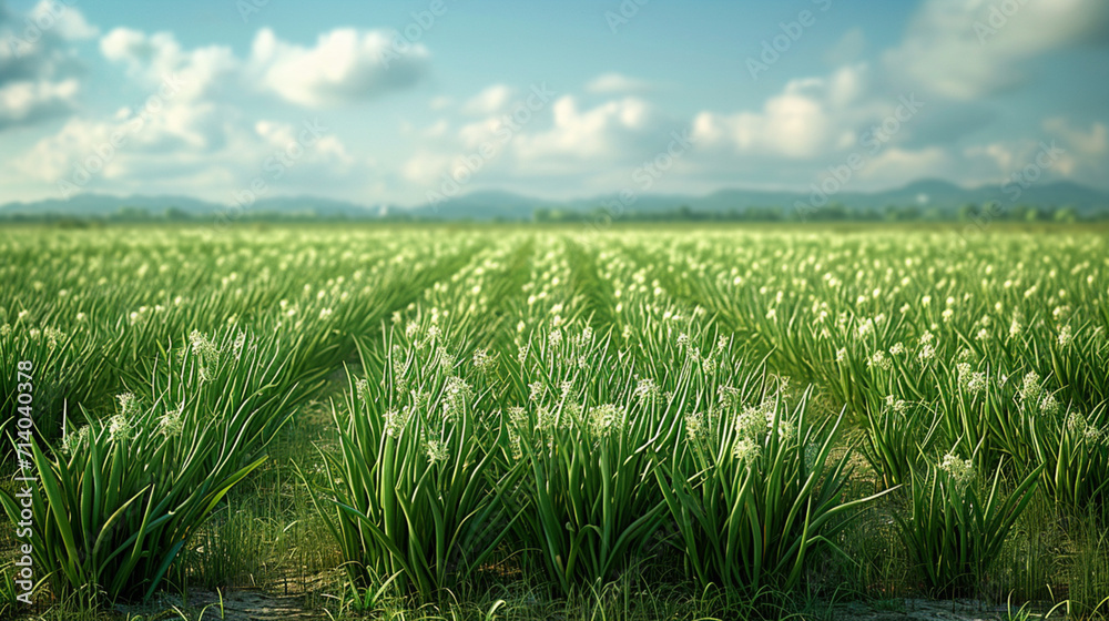 A field of onions with their green tops swaying in the breeze. A field of onions with their green tops swaying in the breeze.
