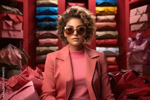 A stylish woman dressed in a maroon jacket and sunglasses stands confidently in an indoor fashion store, exuding elegance and fashion-forwardness