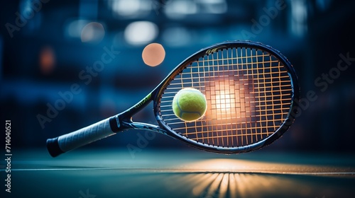 Tennis Racket in the Tennis Court. Banner with place for text photo