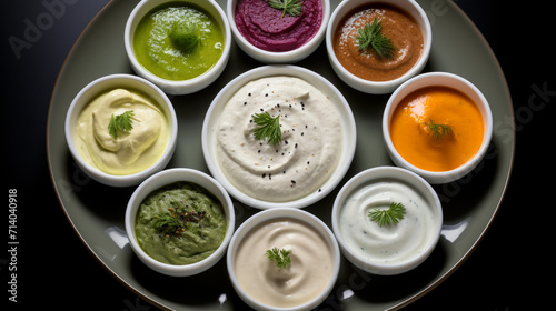 A platter of creamy, yogurt-based dips, like tzatziki or mast o khiar, perfect for iftar gatherings