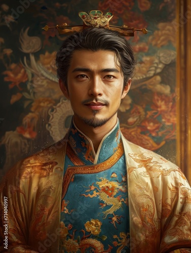 Regal Man in Traditional Asian Attire.
A dignified young man dressed in ornate traditional Asian robes.
