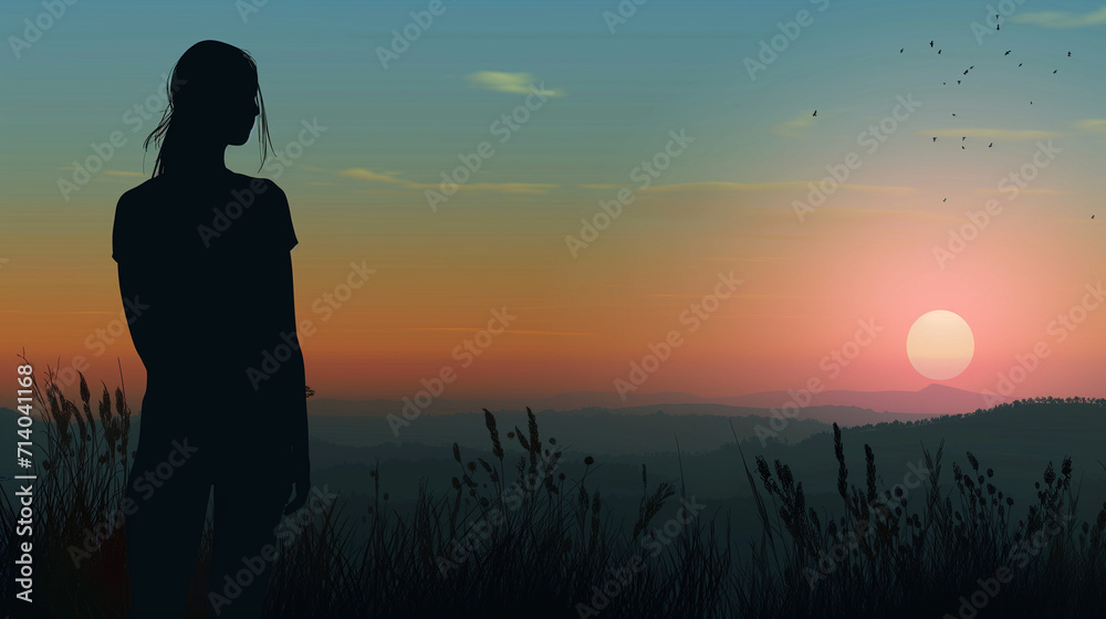 A woman in silhouette stands in a field, her gaze fixed on the stunning sunset that paints the sky with warm hues.
