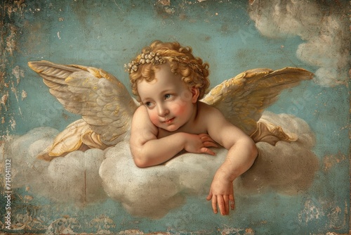 Cherubic Angel Resting on Cloud.
An adorable cherub with golden wings lying peacefully on a cloud. photo