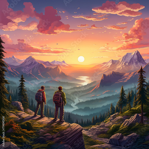Tourists with backpacks in the mountains at sunset