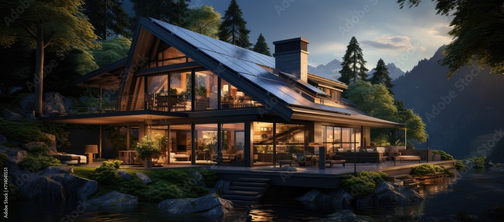 Under the starry night sky, a quaint chalet nestled among towering trees, its rooftop adorned with a gleaming solar panel, overlooking a tranquil lake and majestic mountains in the distance