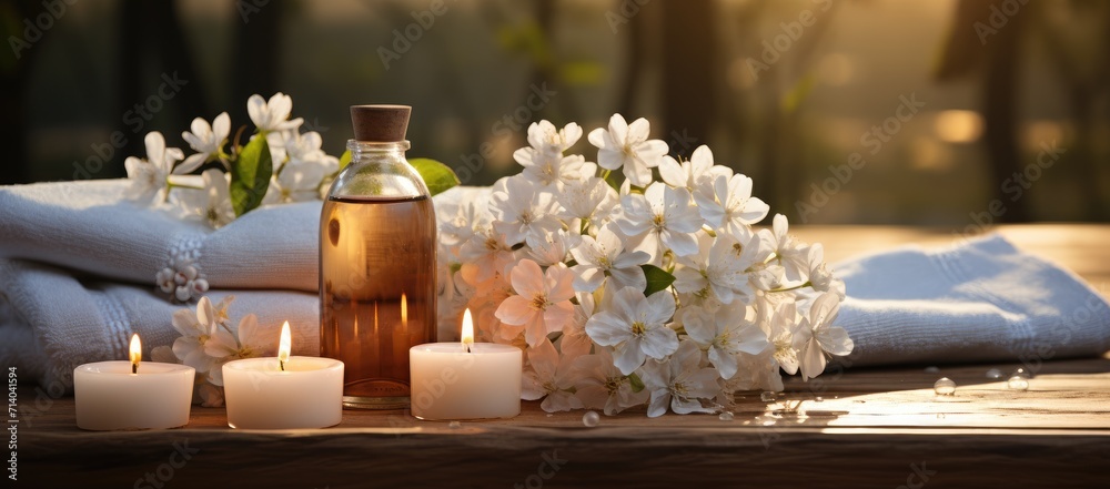 A romantic indoor wedding table centrepiece featuring a vase of white flowers surrounded by flickering candles and a bottle of fragrant oil for a touch of elegance