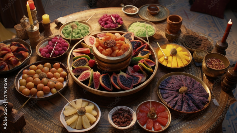 A colorful spread of traditional Ramadan food, including dates, kebabs, and samosas