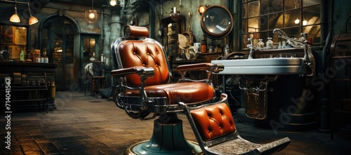 Amidst the bustling street, a lone chair sits in a cozy barber shop, its smooth wooden surface adorned with a musical instrument, inviting customers to take a seat and indulge in the timeless art of  photo