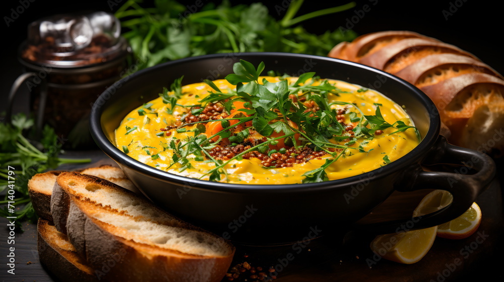 Fototapeta premium Corn soup with garlic, sweet corn, chili and coriander