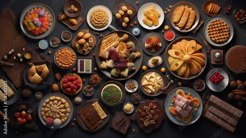 A colorful spread of sweet and savory Ramadan treats, including Baklava, Kueh Lapis, and Maamoul, perfect for satisfying those post-fast cravings - obrazy, fototapety, plakaty 