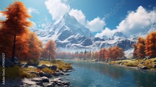Mountains, Forests, and a Lake in a Watercolor Landscape