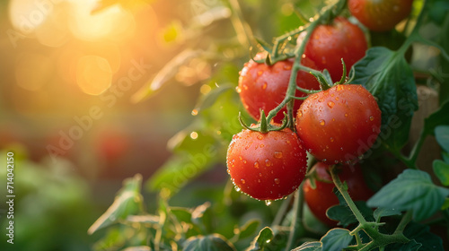 Close-up shot of tomatoes on the vine, illuminated by the soft glow of morning light.
