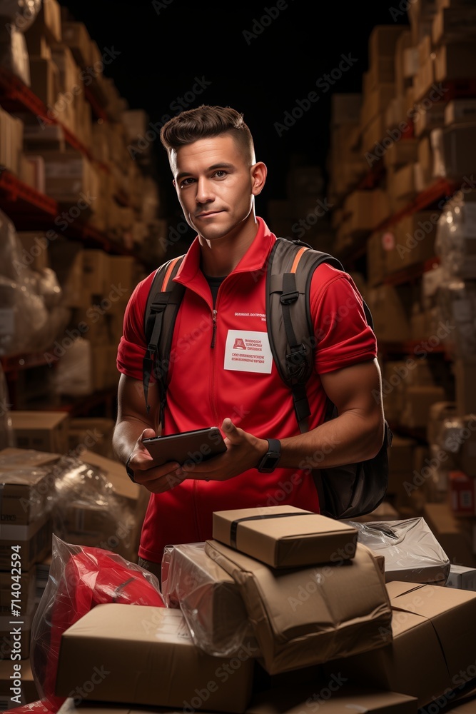 Portrait of young male courier with a parcel in hand Portrait of young male courier with a parcel in hand