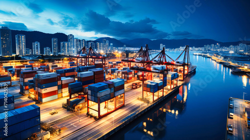 Dive into the world of shipping and commerce with this bustling port scene. The containers, cranes, and nighttime setting showcase the global logistics industry. photo
